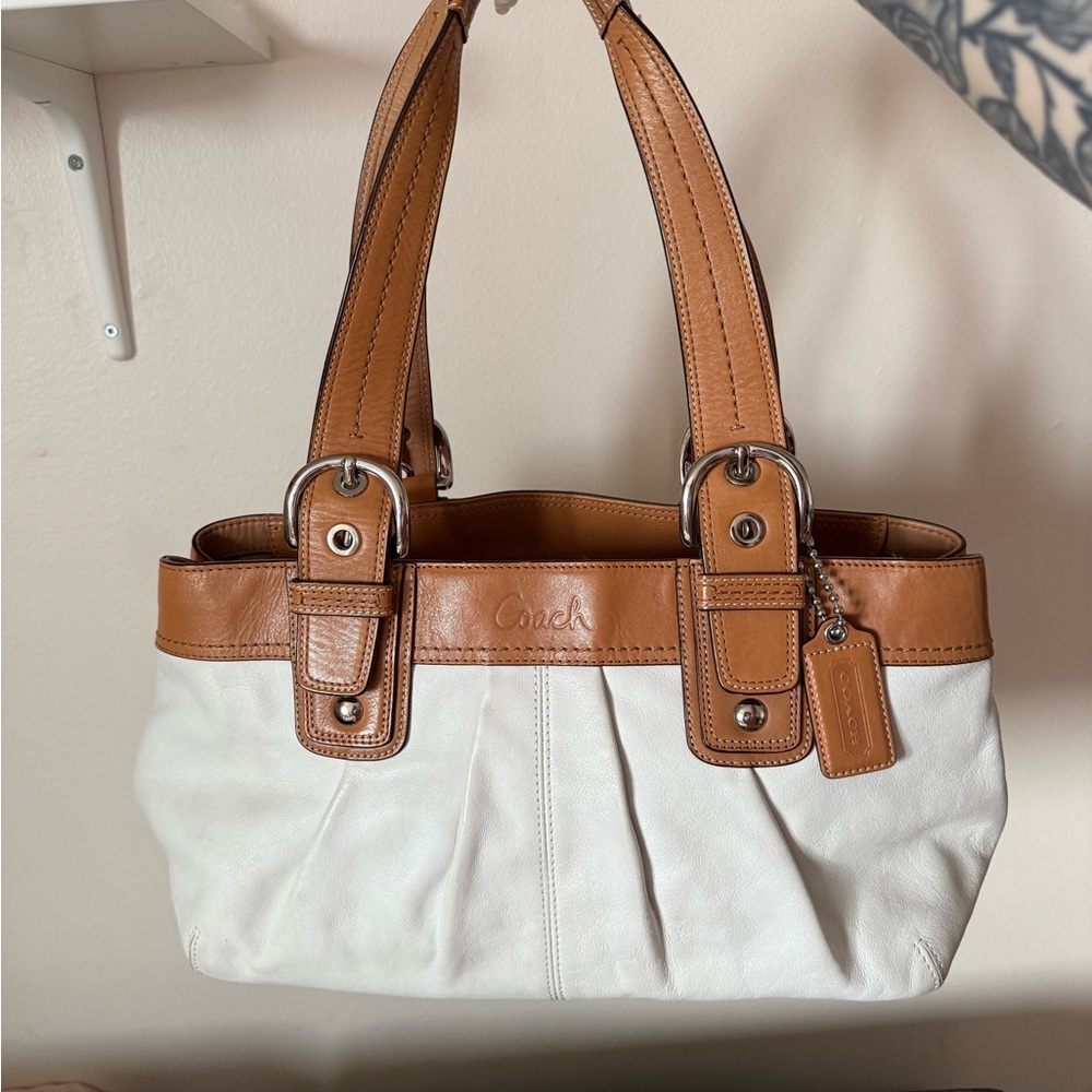 Coach Two-Tone Leather Tote in White and Tan